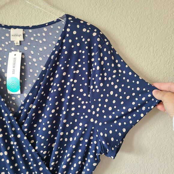 Wrap Polka Dot Short Woman Dress XXL NEW 90s Retro Stretch Blue‎ White Career - Picture 4 of 12